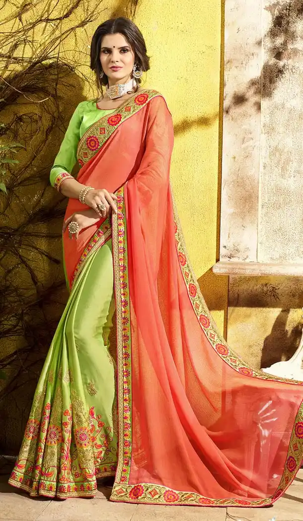Orange and Green Color Two Tone Chiffon Treditioanal Wear Saree Blouse - 408949403