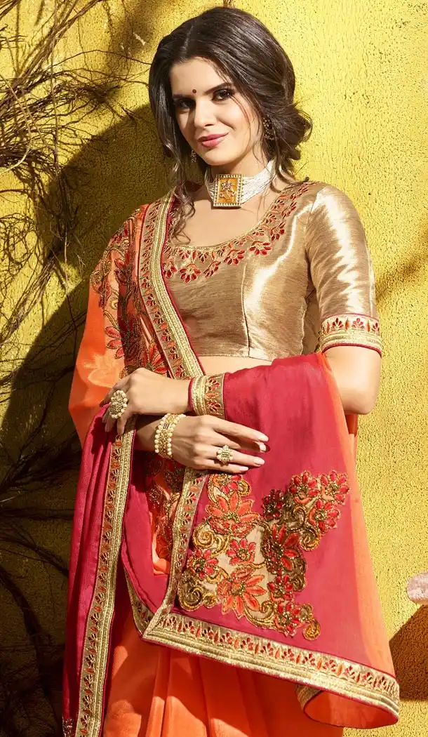 Orange and Red Color Rangoli Georgette Treditioanal Wear Saree Blouse - 408949409