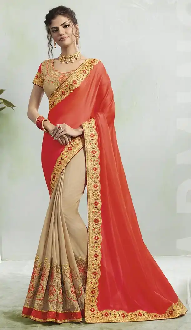 Red and Cream Color Georgette Silk Treditional Wear Saree - 408649364