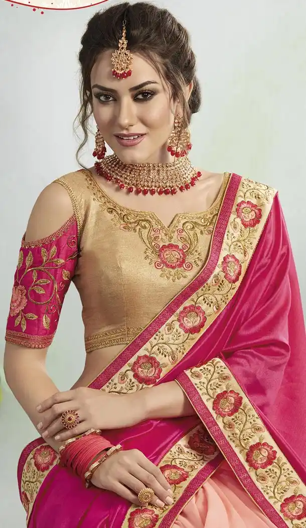 Magenta and Creamy Pink Color Vichitra Silk Georgette Treditional Wear Saree - 408649366