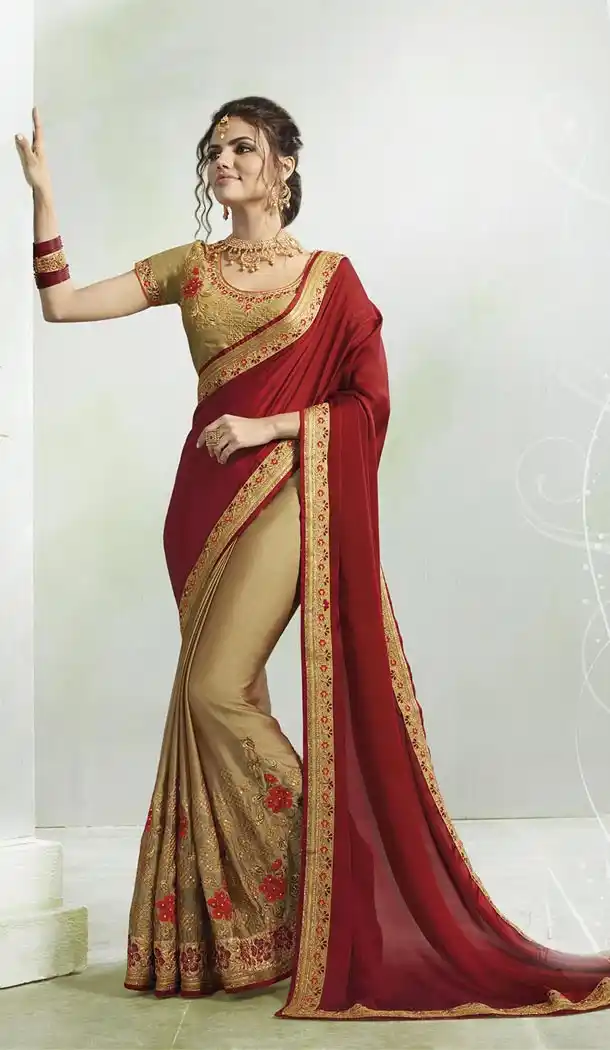 Maroon and Golden Color Georgette Silk Treditional Wear Saree - 408649370