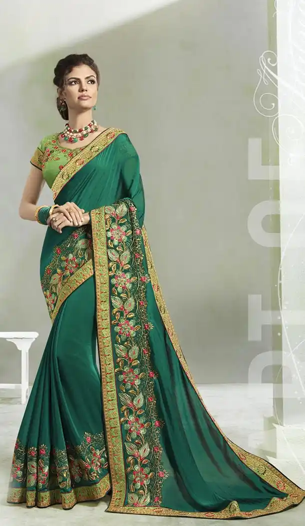Forest Green Color Silk Two Tone Georgette Treditional Wear Saree - 408649373
