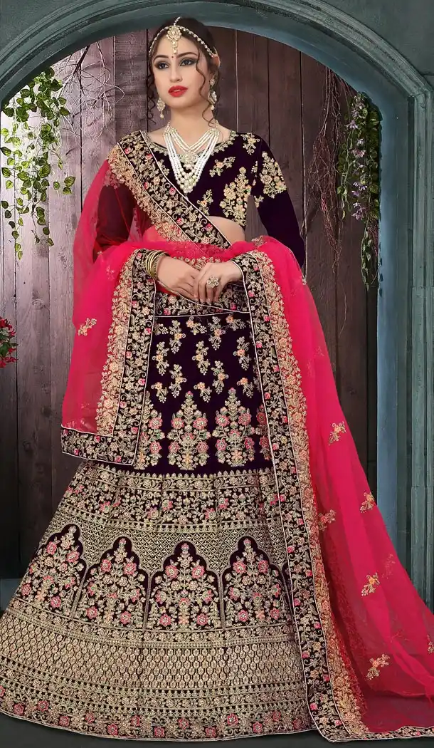 Creamish Brown Color Velvet Havvy Work Designer Bridel Lehenga Choli For Women - 410549647