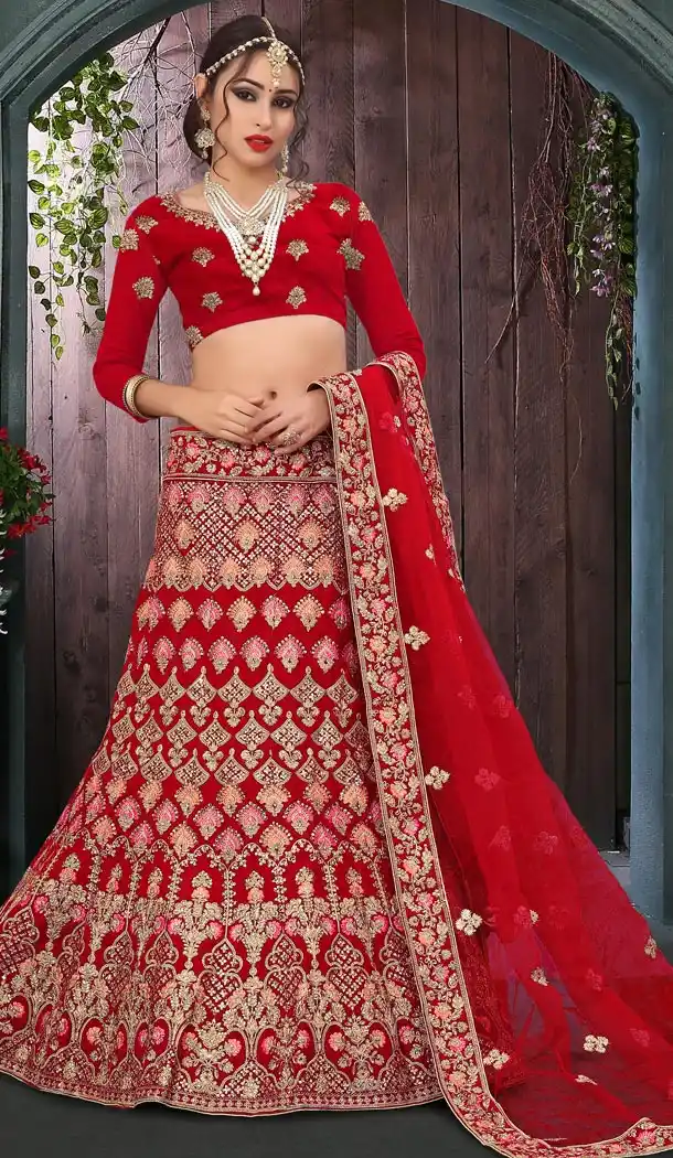 Red Color Velvet Havvy Work Designer Bridel Lehenga Choli For Women - 410549648