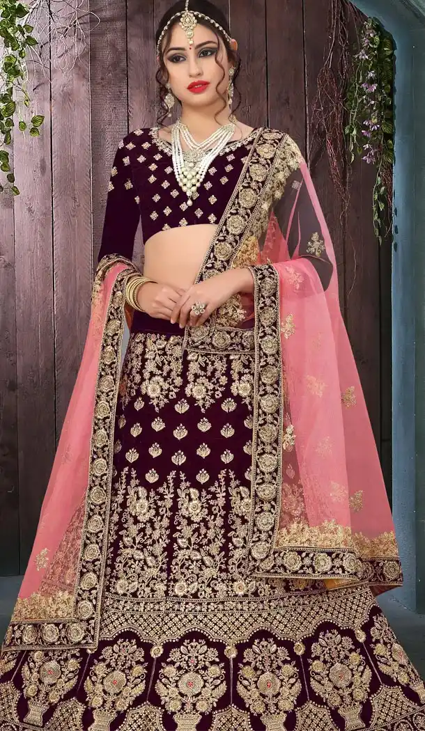 Brown Color Velvet Havvy Work Designer Bridel Lehenga Choli For Women - 410549650