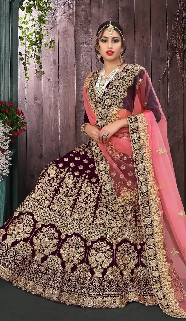 Brown Color Velvet Havvy Work Designer Bridel Lehenga Choli For Women - 410549650