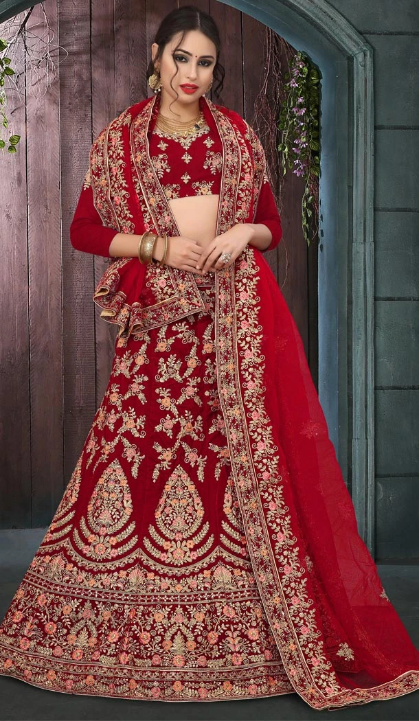 Velvet Red Color Havvy Work Designer Bridel Lehenga Choli For Women - 410549653