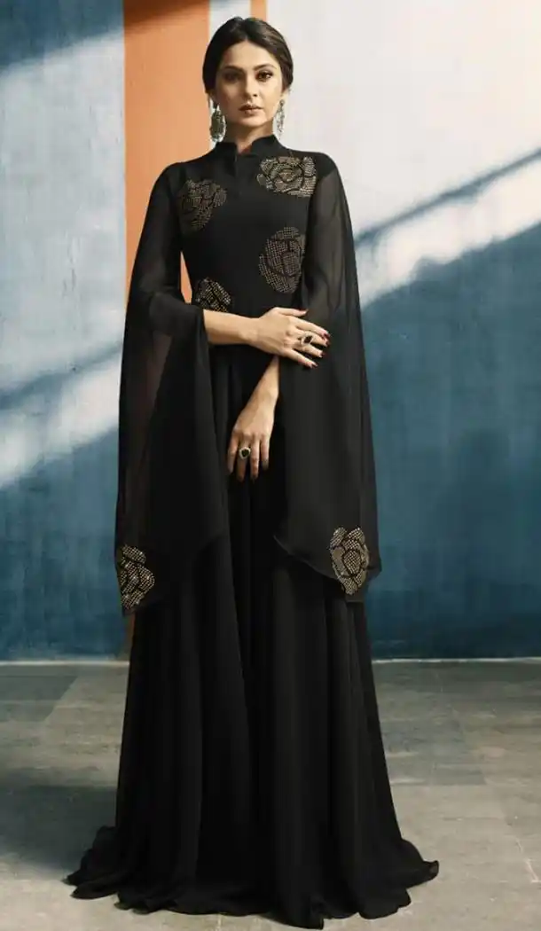 Sparkling Black Color Apple Georgette Party Readymade Girls Gown - 411850195