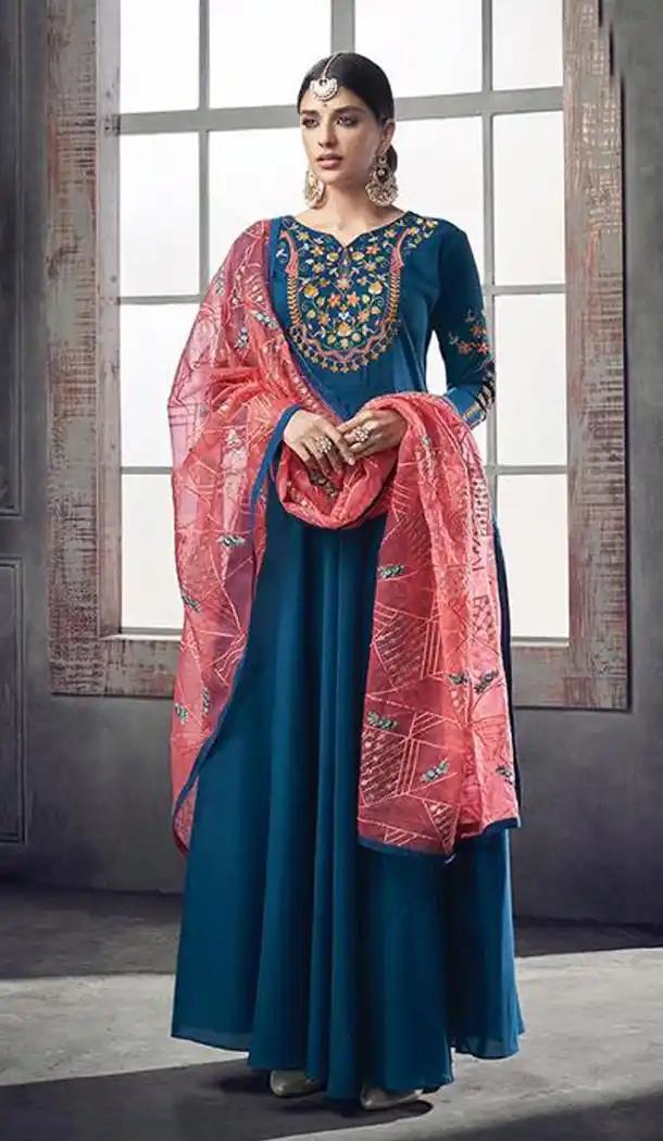 Gleaming Blue Color Pure Muslin Party Wear One Piece  Readymade Gown - 411950198