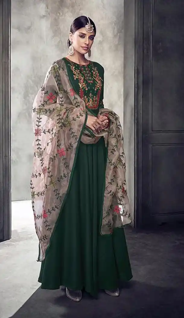 Forest Green Color Pure Muslin Party Wear One Piece  Readymade Gown - 41195201