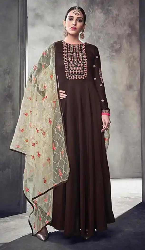Contemporary Brown Color Pure Muslin Party Wear One Piece  Readymade Gown - 411950203