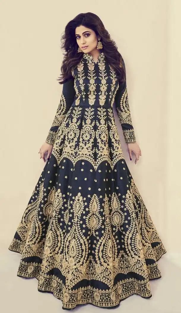 Attractive Dark Blue Color Royal Silk Heavy Embroidery Party Wear Gown - 412650297