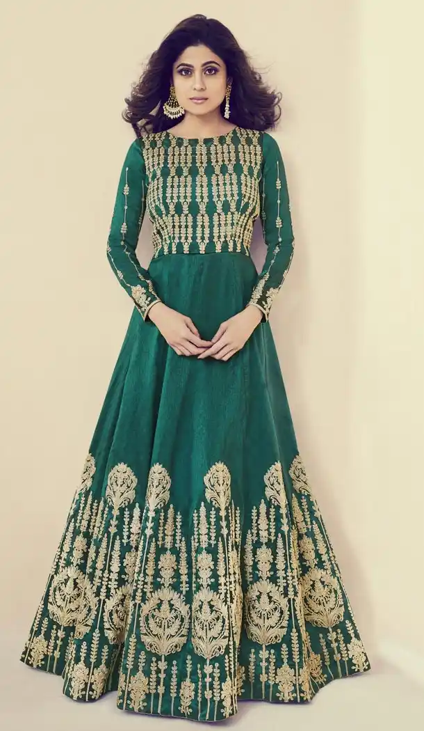 Alluring Green Color Royal Silk Heavy Embroidery Party Wear Gown - 412650298