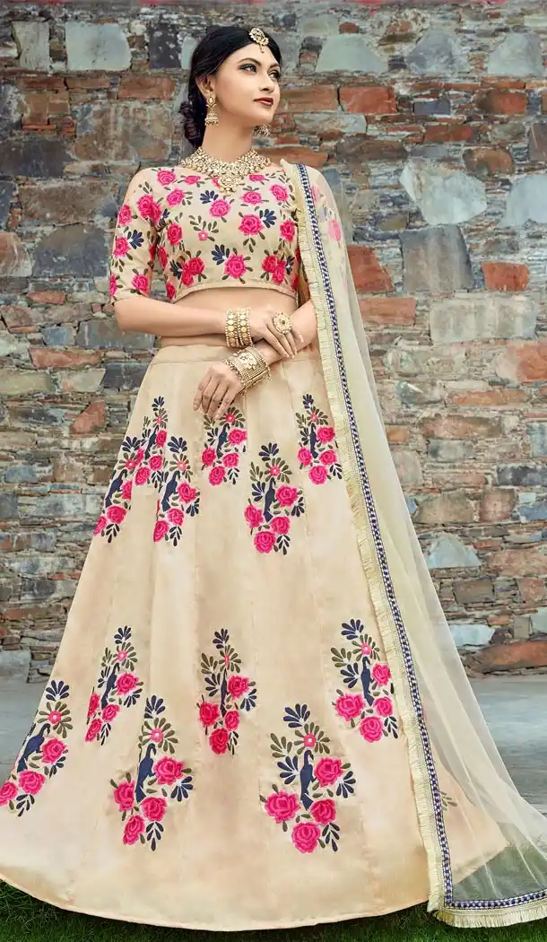 Cream Color Art Silk Designer Sangeet Ceremony Wear Lehenga Choli - 412350277