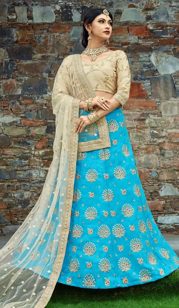 Sky Blue Color Art Silk Designer Sangeet Ceremony Wear Lehenga Choli - 412350281