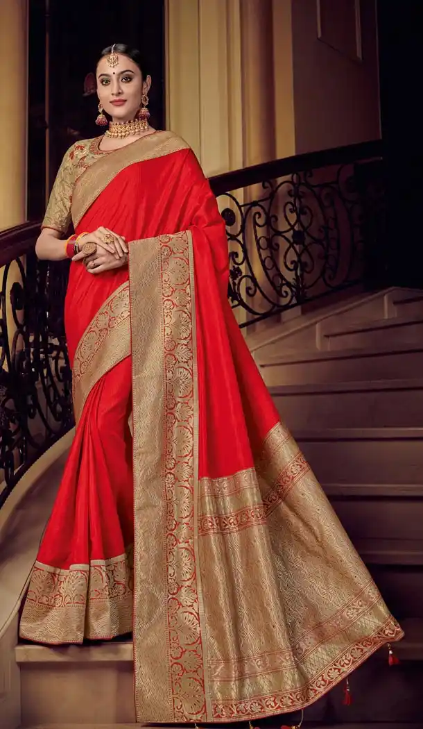 Red and Gold Color Row Silk Traditional Wear Saree Blouse - 412450284
