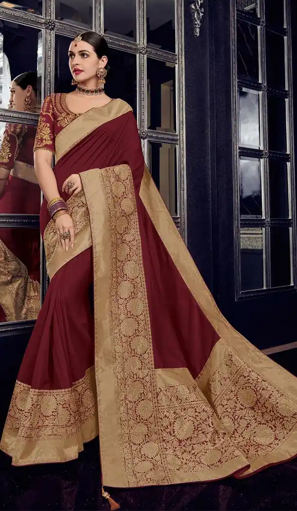 Maroon and Gold Color Row Silk Traditional Wear Saree Blouse - 412450285