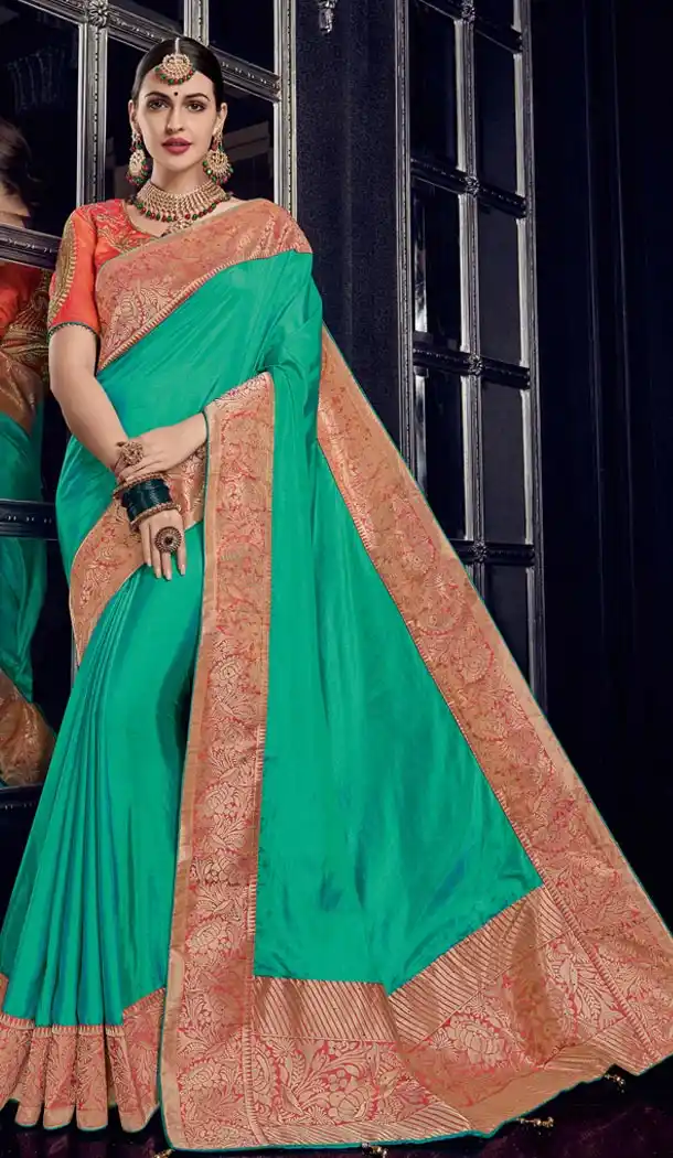 Green and Gold Color Row Silk Traditional Wear Saree Blouse - 412450287