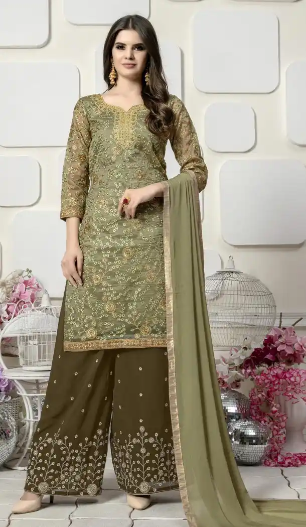 Mehendi Green Color Organza Pakistani Sharara Salwar Kameez - 412550293