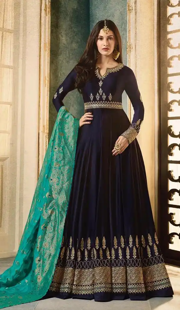 Navy Blue Color Satin Georgette Long Pakistani Abaya Salwar Kameez - 409249427