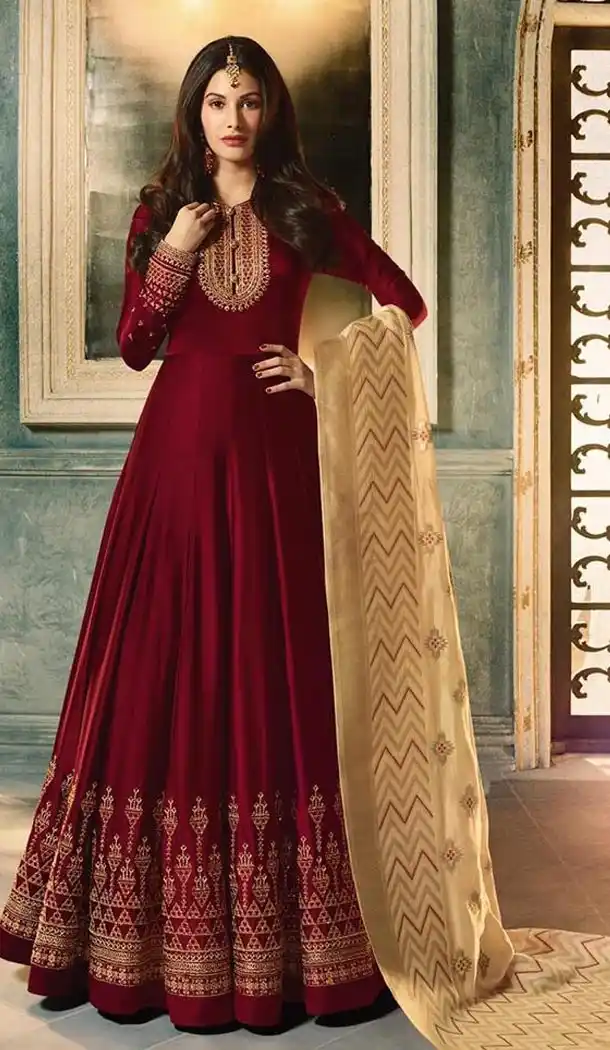 Red Color Satin Georgette Long Pakistani Abaya Salwar Kameez - 409249428