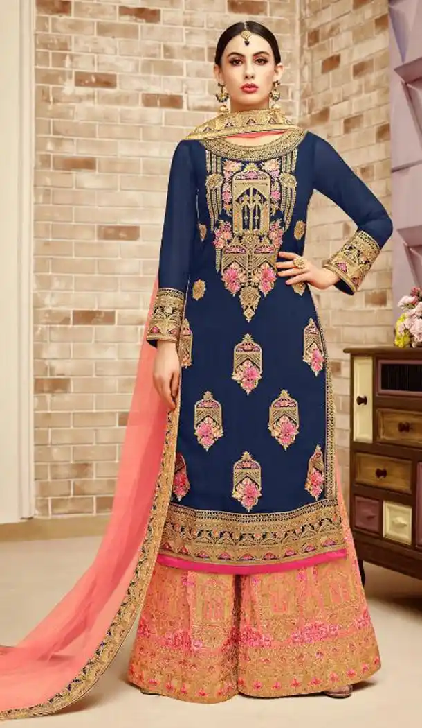 Navy Blue Color Faux Georgette Punjabi Sharara Salwar Kameez - 411650000