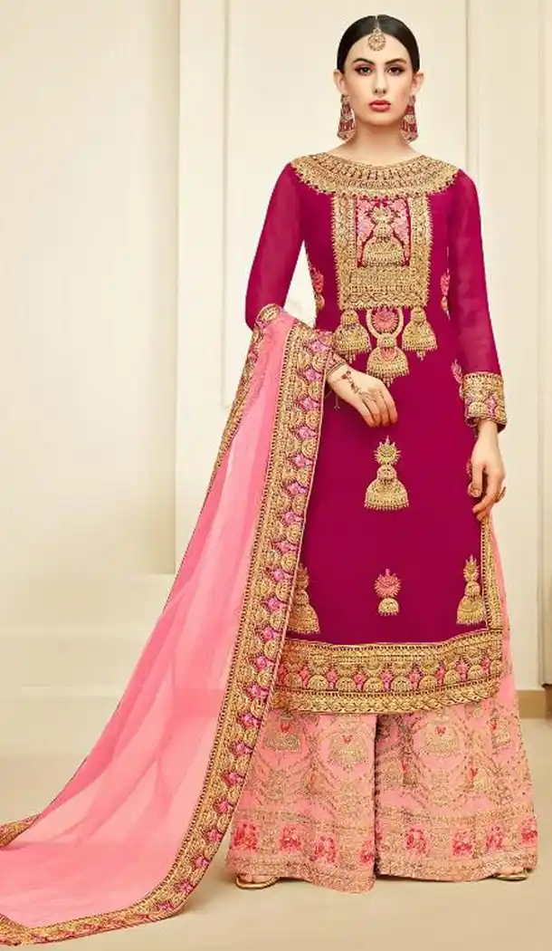 Rose Pink Color Faux Georgette Punjabi Sharara Salwar Kameez - 411650001