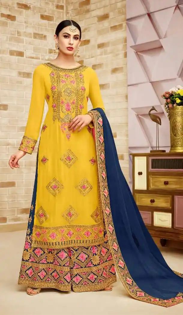 Yellow Color Faux Georgette Punjabi Sharara Salwar Kameez - 411650002
