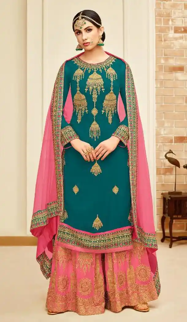 Green Color Faux Georgette Punjabi Sharara Salwar Kameez - 411650003
