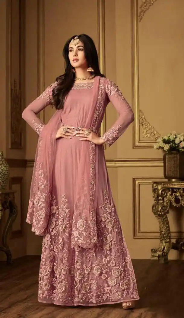 Contemporary Peach Color Net Designer Party Wear Sharara Salwar Kameez - 413350367