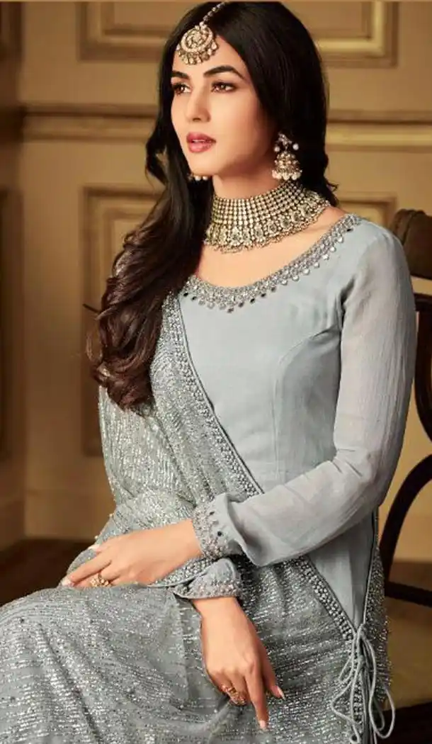 Grey Color Banarasi Silk Designer Party Wear Long Salwar Kameez - 413350370