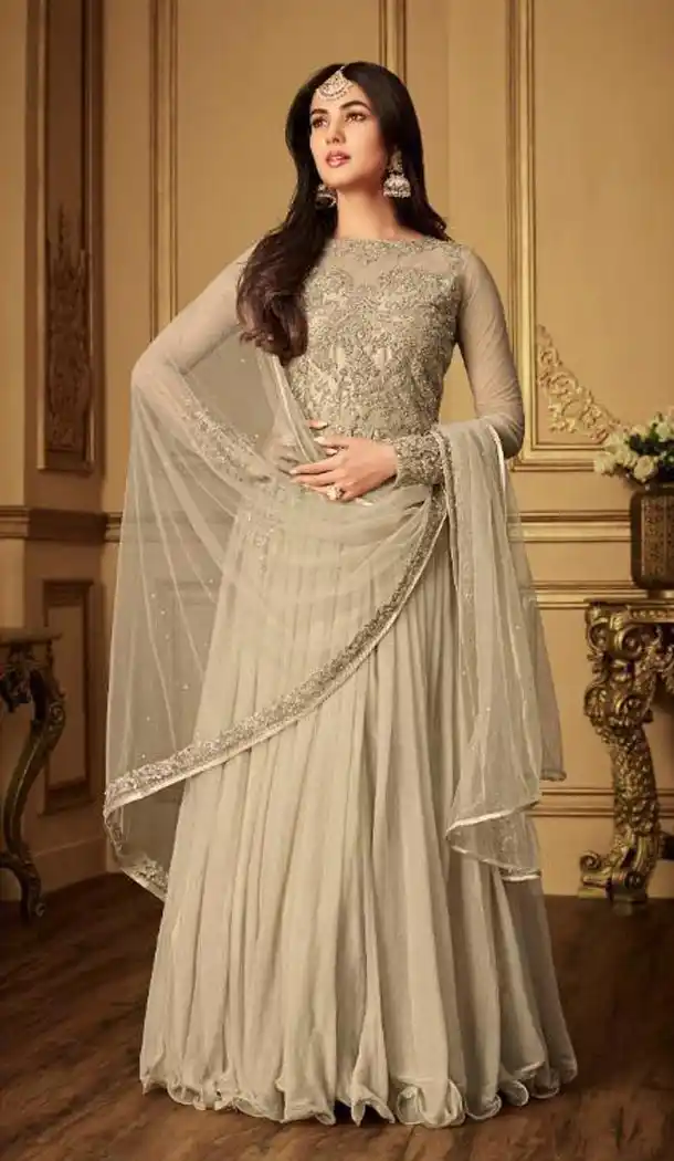 Off White Color Net Designer Party Wear Long Salwar Kameez - 413350372