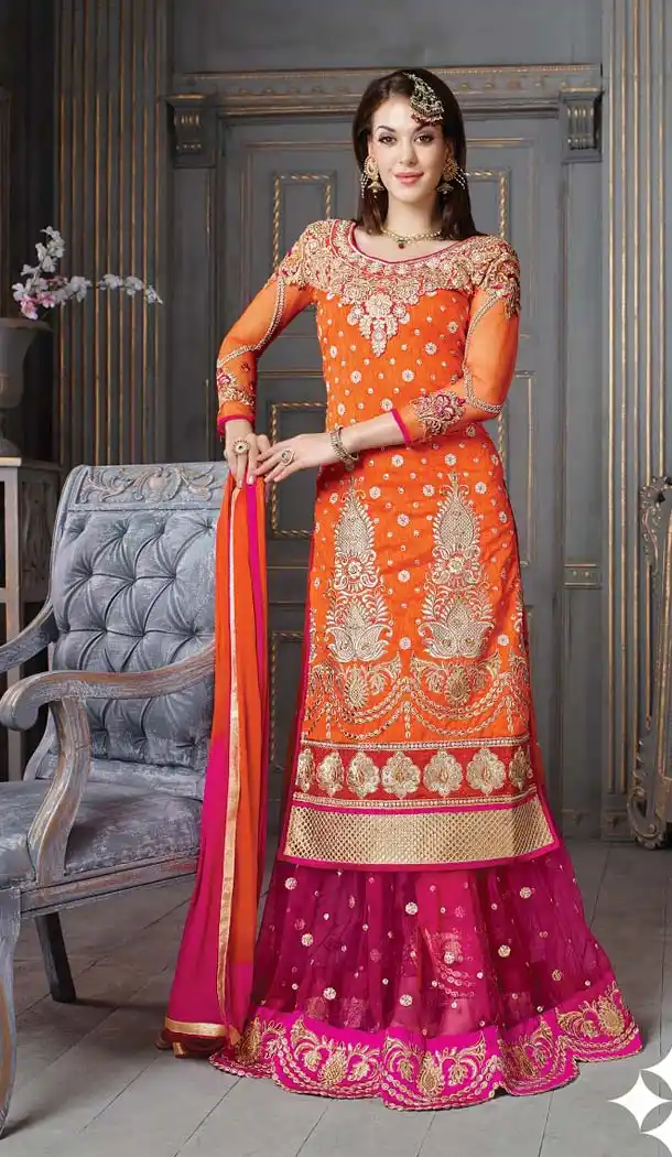 Shaded Fuchsia and Saffron Net Lehenga Kameez with Dupatta