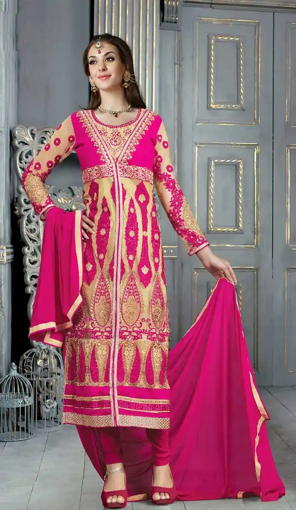 Beige and Fuchsia Net and Art Silk Churidar Kameez