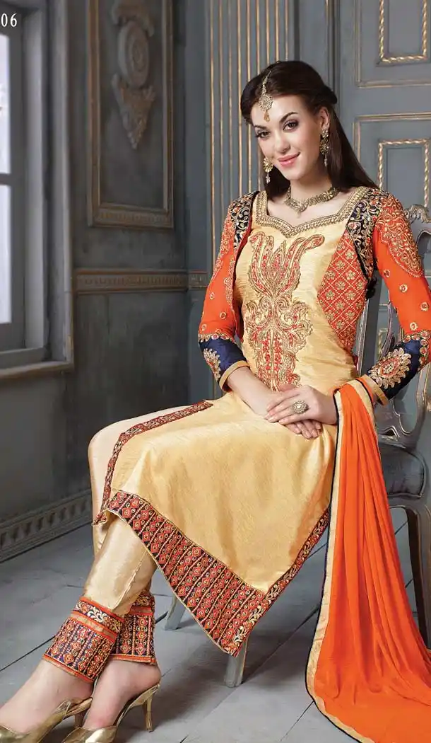 Beige Art Silk Jacket Style Kameez with Straight Pant