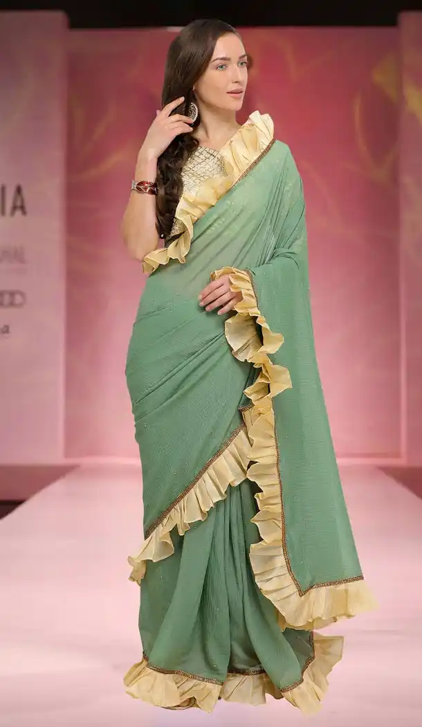Dusty Green Color Bridal Chiffon Casual Wear Saree Blouse - 414650594