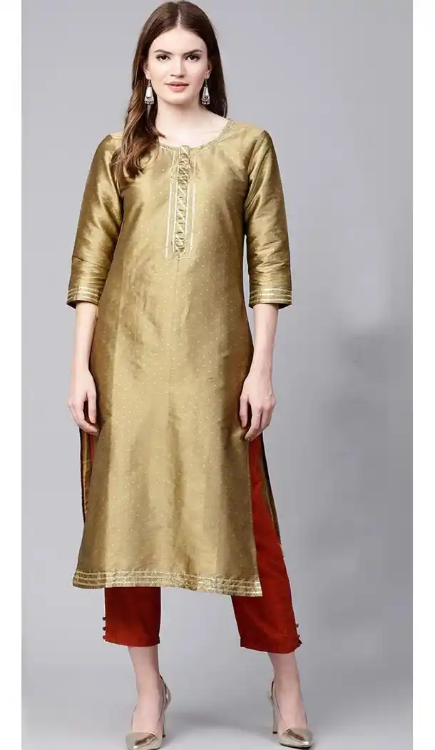 Gold Color Silk Blend Party Wear Style Readymade Kurti - 410949734
