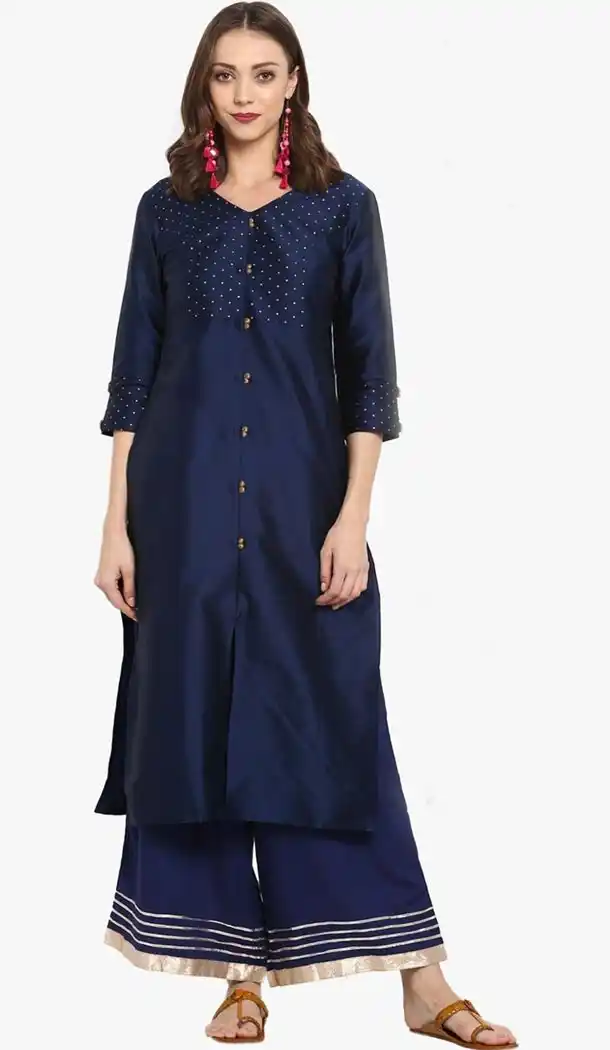 Navy Blue Color Silk Blend Party Wear Style Readymade Kurti - 410949735
