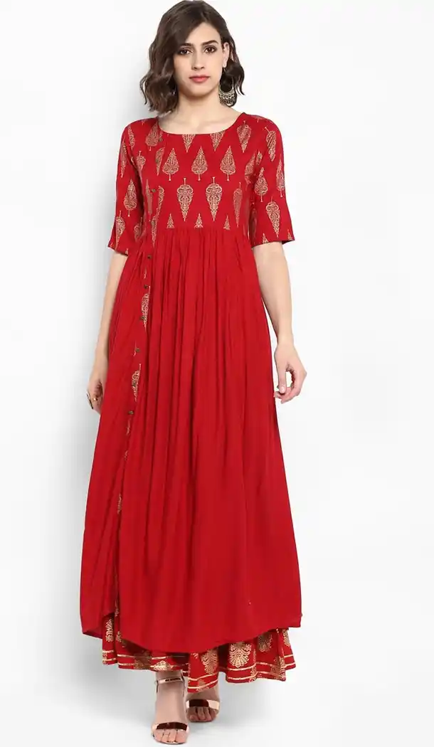 Tranquil Red Color Viscose Rayon Anarkali Style Readymade Kurti - 410949739