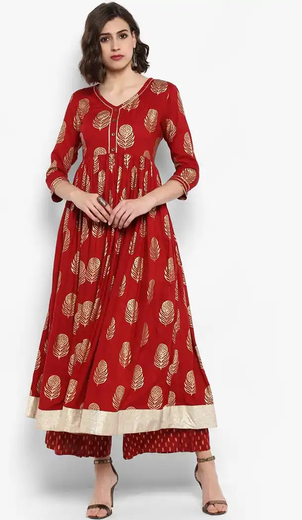 Red Color Viscose Rayon Anarkali Style Readymade Kurti - 410949744