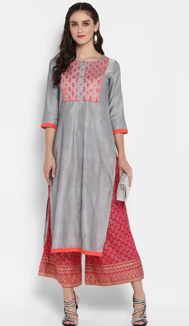 Classy Grey Color Silk Blend Party Wear Style Readymade Kurti - 410949749