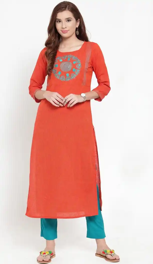 Orange Color Cotton Party Wear Style Readymade Kurti - 410949752