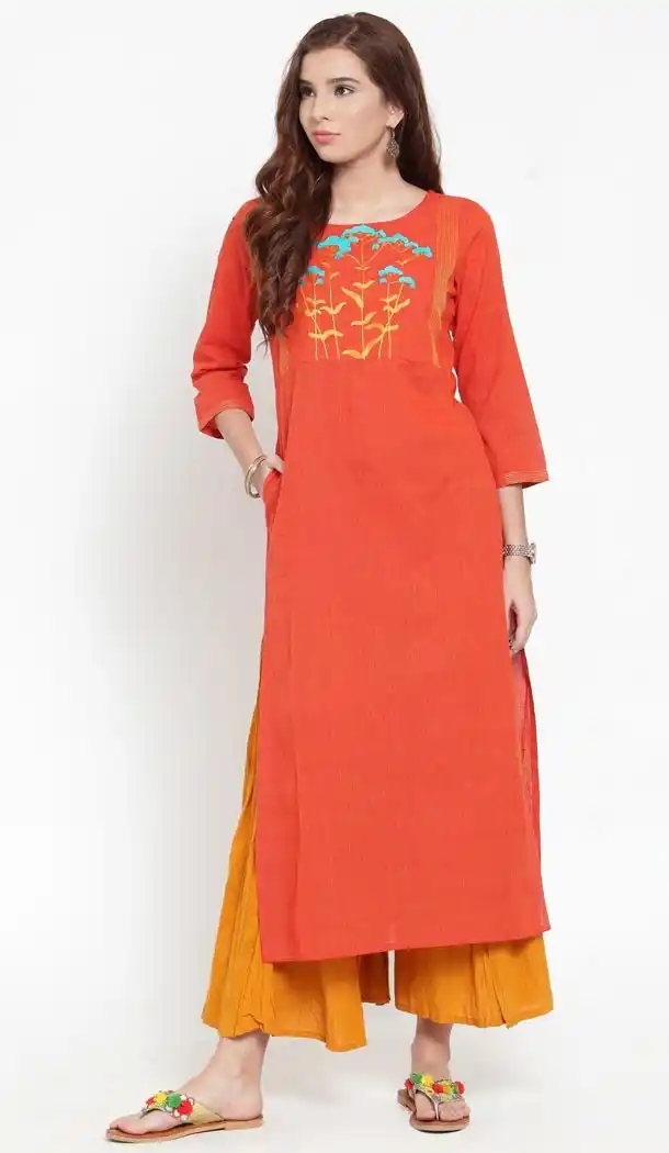 Chic Orange Color Cotton Party Wear Style Readymade Kurti - 410949754