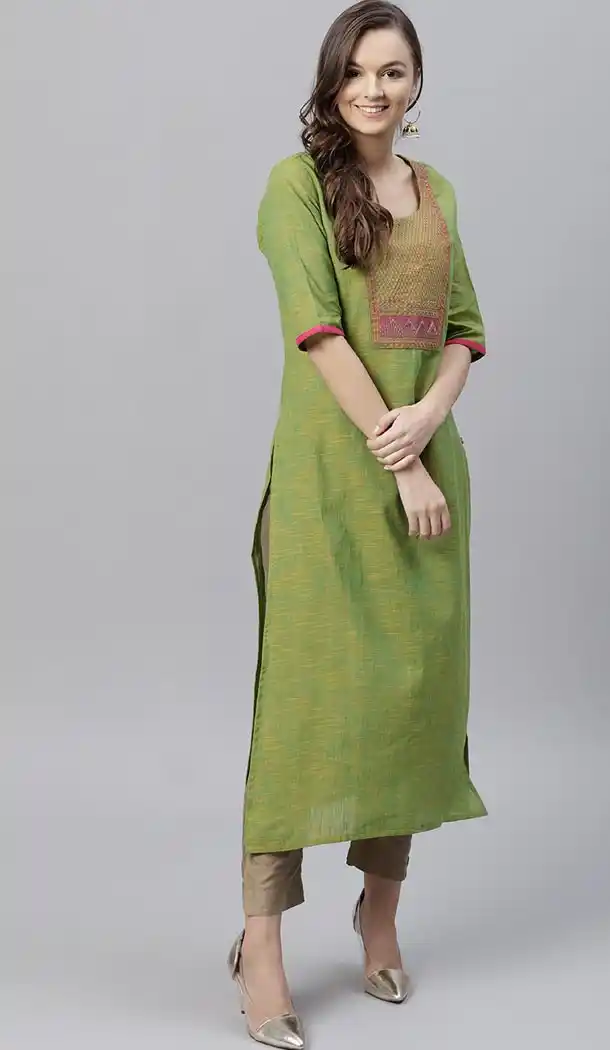 Mehendi Green Color Cotton Blend Party Wear Style Readymade Kurti - 410949757