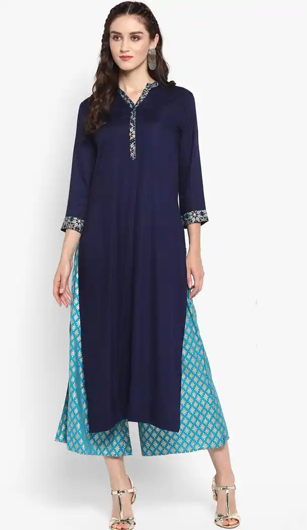 Navy Blue Color Viscose Rayon Party Wear Style Readymade Kurti - 410949758
