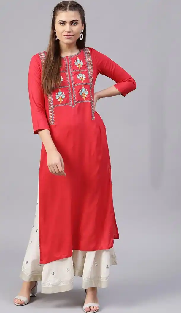 Red Color Cotton Blend Party Wear Style Readymade Kurti - 410949760