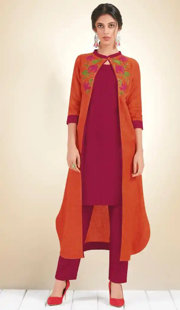 Orange and Maroon Color Pure Cotton Designer Wear Readymade Kurti - 414750601