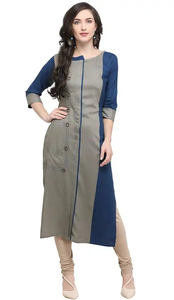 Alluring Multi Grey Color Rayon Party Wear Readymade Long Kurtis - 415150637
