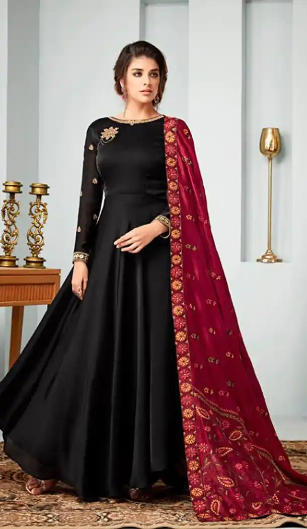 Charming Black Color Satin Georgette Knee Length Anarkali Salwar Kameez - 414850611
