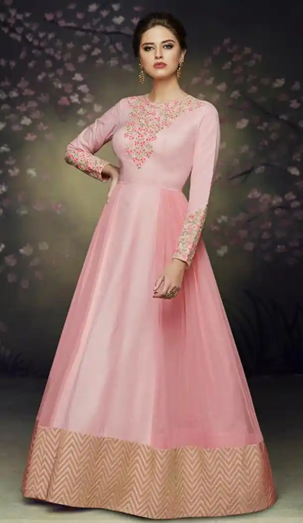 Tranquil Pink Color Satin Silk Designer Knee Length Readymade Gown